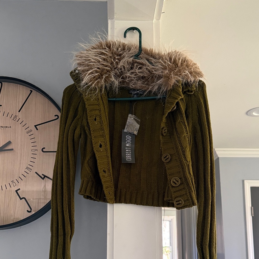 Dolls Kill Current Mood Olive Knit Sweater with Faux Fur Trim